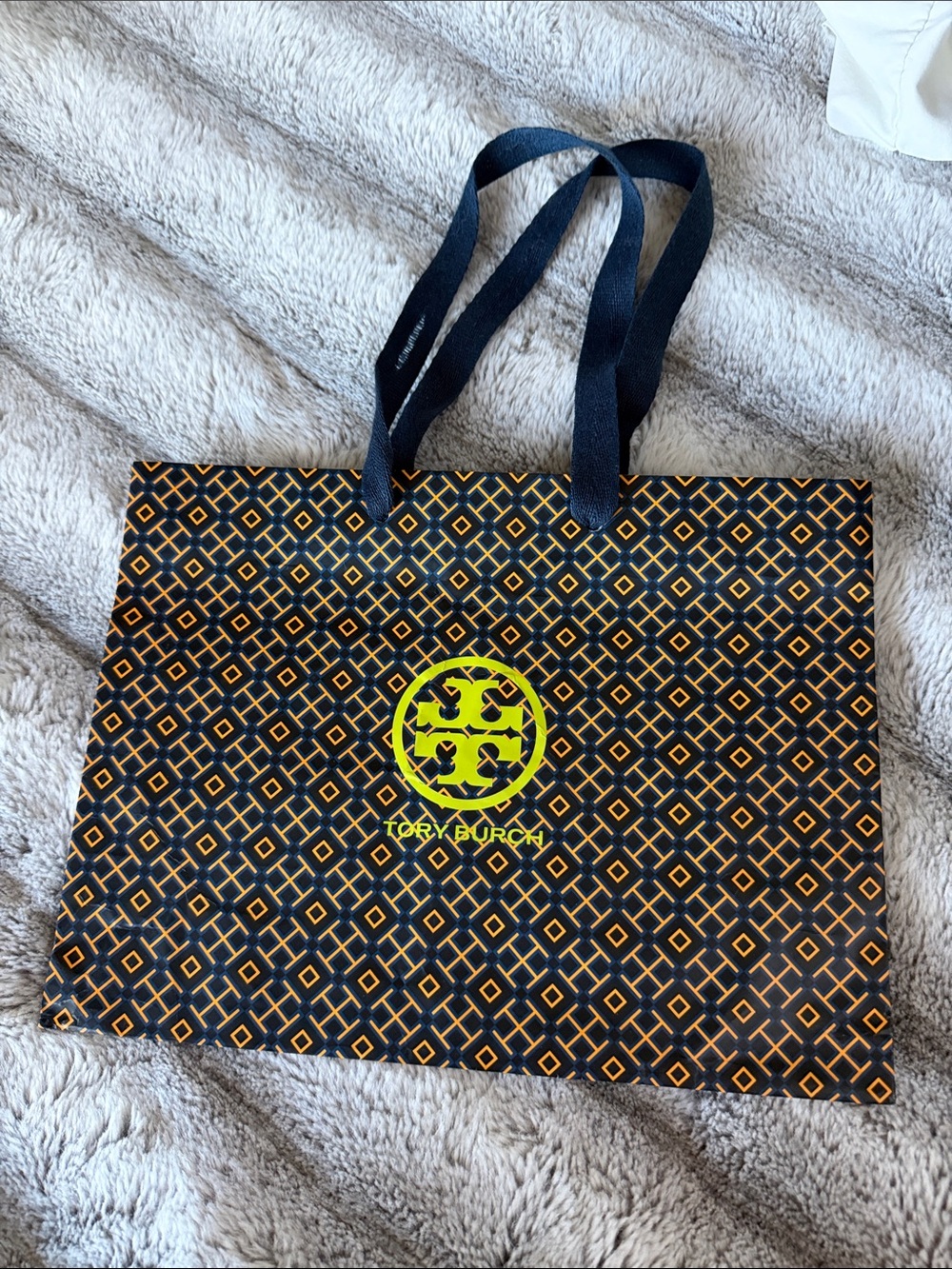 Tory Burch Black Tote with Orange Geometric Print and Neon Yellow Logo